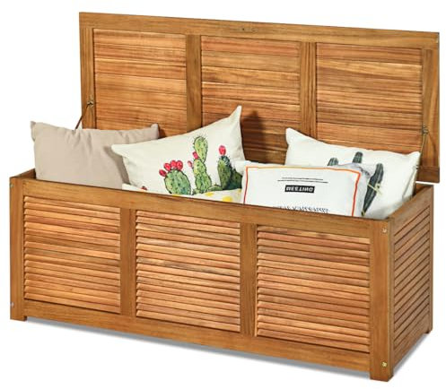 HOMASIS Baule da Esterno, Cassone da Esterno in Legno Massello, Cassapanca Contenitore da 178L per Giardino, Balcone, Terrazzo, Ingrsso, Portata 150 kg, 120 x 45 x 45 cm, Naturale