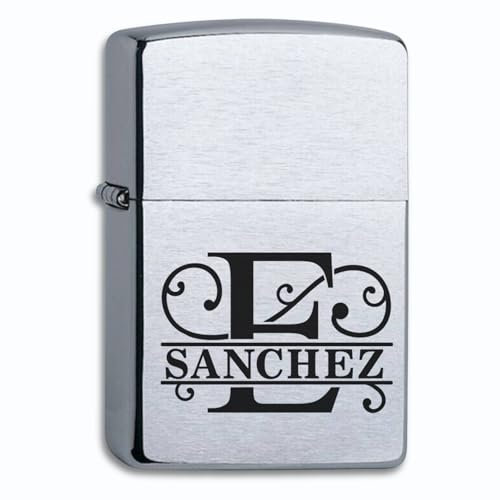 Mechero de Gasolina con Iniciales y Nombre Grabado Compatible con Zippo Cromo Cepillado, Personalizado, Encendedor de Iniciales Individuales con Split Letter