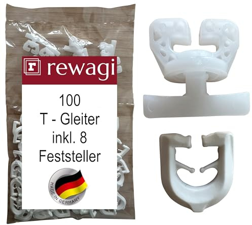 rewagi 100 T – Gleiter & 8 T&U Feststeller für T - Schienen, T- Schienen Wohnmobil, Gardinen, Gardinenhaken, Überklipshaken, Faltenhaken, Faltenlegehaken