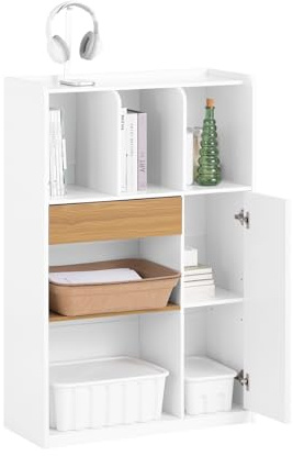 SoBuy Bücherregal mit Schublade, Regal für Büro & Zuhause, Fächer + Schublade für kleine Räume, bis 65kg, Weiß 72x110x30cm STR11-WN