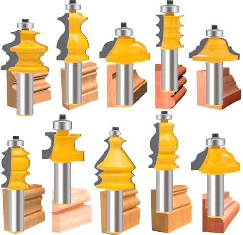MAYLINE 1/2 Inch Shank Router Bits Sets 10 PCS, Woodwork Milling Cutter Router Bit Set, Wood Tongue Groove Rail Stile Cabinet Carbide CNC Woodworking Cutting Tool for Door&Table Panel(04)