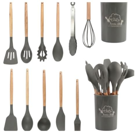 TINA&CO Juego de 12 Utensilios de Cocina de Silicona con Mango de Madera - Kit de Cocina Completo de Menaje, Antihaderente, Resistentes al calor y Duraderos (Gris)