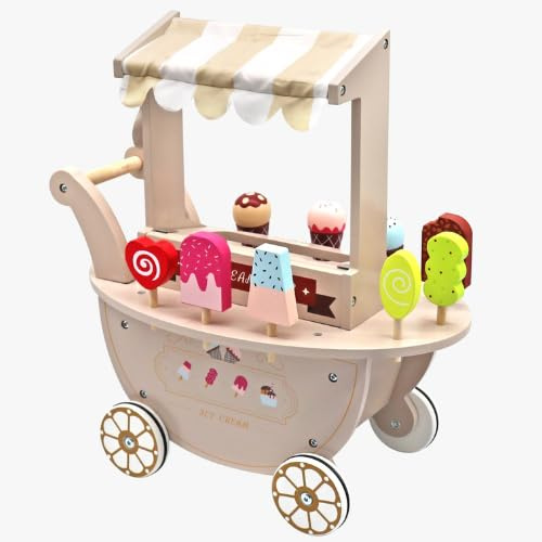 Chariot à glace en bois - Avec 9 glaçons en bois - 41 x 19 x 44 cm