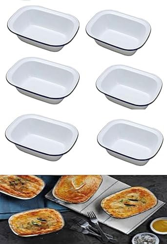Vintage Gourmet ® Premium White Enamelware with Blue Rim, Oblong Pie Dish Oven Safe Retro Bakeware Set of 6 Oblong Pie Dish 16cm -150ml Perfect Size for Individual Pies Ideal for Freezer