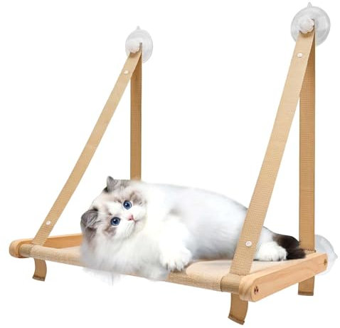 Hängematte Katze bis 18 kg, Katzen Fensterliege Hängematte, Katzenliege 360° Ausblick Hängematte, Waschbar Khaki Fensterbankhalterung mit Starkem Saugnapf für Katze, 50 x 38 cm
