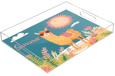 Un joli lama sur un beau fond en acrylique, plateau rectangulaire transparent avec poignées, plateau de service pour table basse, cuisine, salle de bain