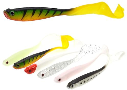 ZesNxj 6 Stück Gummifische Angel Köder Set mit Twisterschwanz – Gummiköder für Hecht & Zander, Hakentaschen für Offset Haken/Jigköpfe – Hecht Köder, Gummifische Zander Köder, Süßwasser Kunstköder