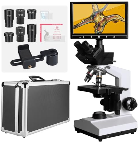 Vabiooth Lab - Microscopio composto trinoculare a campo oscuro e campo luminoso, ingrandimento 40X-2500X con monitor da 7, oculare E-5MP, stadio meccanico regolabile, sorgente LED
