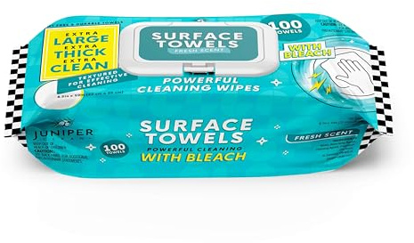 Juniper CLEAN Single Surface Wipes with Bleach, Thick & Large Dispose, All-Purpose Cleaner for Bathroom, Kitchen, Office, 100 Count Soft Flow, Biodegradable, Fresh Scent