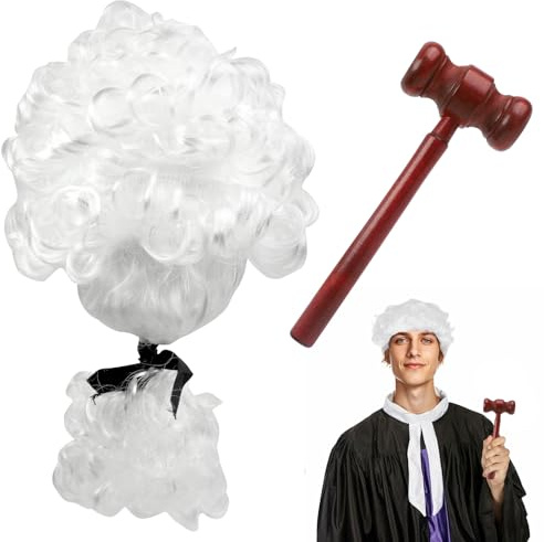 2 Pcs Judge Costume Accessories,White Judges Wig with Mini Wooden Gavel
