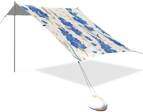 Winzige blaue Gladiolen-Blumen, Strand-Cabana, LSF 50+, einfacher Aufbau, großer Sonnenschutz mit Sandschaufel, Sandsäcke für Familienreisen