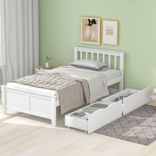 RIAZOS Kinderbett Einzelbett 90x200 cm, Holzbett mit 2 Schubladen, Massivholz Bettgestell mit Lattenrost, Jugendbett, Weiß, Ohne Matratze
