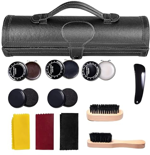 WEELOO Shoe Cream Set 12pcs, Shoe Leather Shine Cleaning Care Set with Portable Travel Storage Case and Brush for Brown and Black Leather