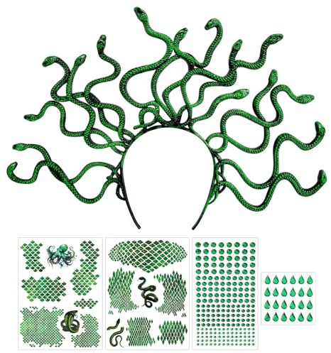 BOFUNX Medusa Kostüm Zubehör, Schlangen Haarreif + 2pcs Fischschuppen Tattoos + 2pcs Grün Strasssteine Aufkleber, Damen Schlange Kostüm für Halloween Karneval Cosplay