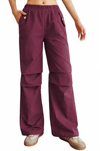 Nuofengkudu Utilitaires Pantalon Femme Jambe Large Taille Elastique 2 Poche Ample Uni Plis aux Genoux Enfiler Travail Trousers Résistants Vent Boyfriend Décontracté Y2K Bordeaux S