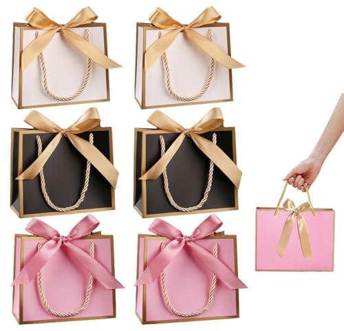OUDQFCJ Sacchetti Regalo in Carta con Manici, 6 Pezzi Eleganti e Versatili, Ideali per Compleanni, San Valentino, Matrimoni, Natale e Regali Pensione Donna, Medi (14x6x12cm) (Tre Modelli)