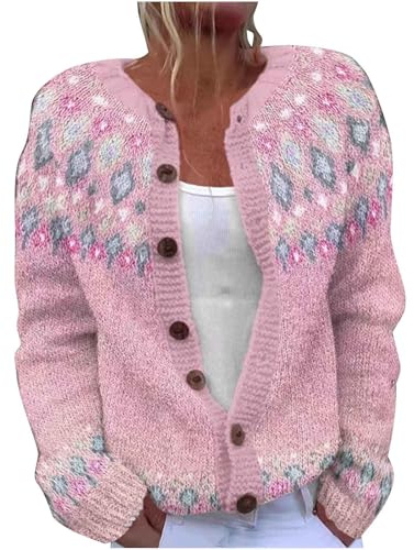 TURWXGSO Cardigans for Women UK Retro Ethnic Print Jumper Warm Casual Ladies Knitted Crew Neck Front Button Up Aran Cardigan Long Sleeve Lightweight Sweater Jackets Knitwear