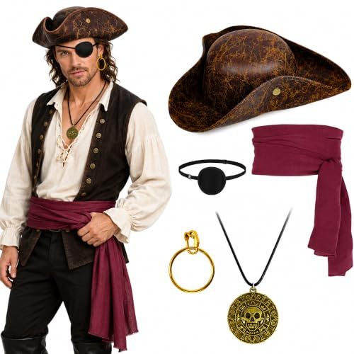 Ueyben 5 Stück Piratenhut Kostüm Zubehör Set, Piratenkostüm Accessoire mit Piratenhut Augenklappe Kopftuch Alskette Ohrring für Erwachsener Halloween Karneval Cosplay