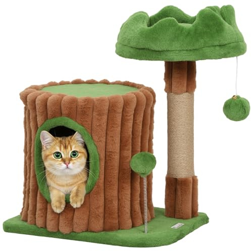 PawHut Árbol Rascador para Gatos, Árbol para Gatos 53 cm, Diseño de Tronco, Torre Escalador con Casita, Cama, Poste de Yute, Bolas Colgantes, Marrón y Verde