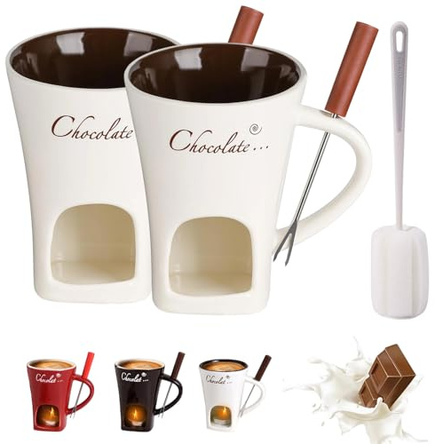 Snrtevu Multifunktionaler Fonduebecher aus Keramik, 2025 Neu Schokofondue Tasse mit Gabel, Chocolate Tasse für Käse,Schokolade,Butter und Karamell (2*Weiß)