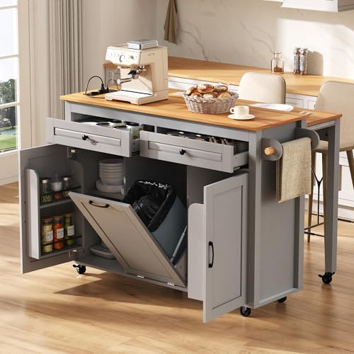 Yihomfy îLot De Cuisine sur roulettes, Extensible, avec Compartiment Poubelle, Autoportant, Multiprises, Tiroir Et éTagèRe à éPices à 3 Portes, pour Salle à Manger, 120 × 75 × 92 Cm, Gris (Degré)