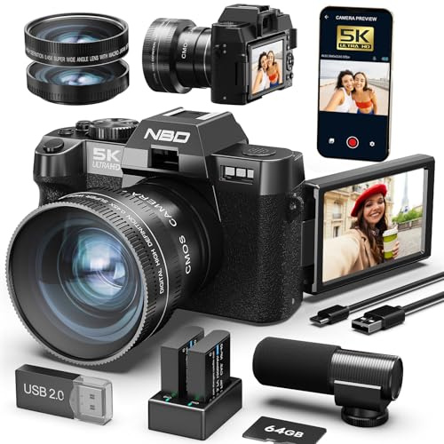 NBD 5K Digitalkamera 64MP mit Autofokus & 180° Klappdisplay, Vlogging Kamera mit Mikrofon, WLAN, 2 Akkus, 64GB TF Karte, YouTube Kamera für Anfänger (Schwarz)