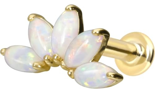 PIERCINGLINE 14 Karat Gold Ohr-Piercing Labret mit Innengewinde LOTUSBLÜTE + SYNTHETISCHE OPALE Farb & Größenauswahl