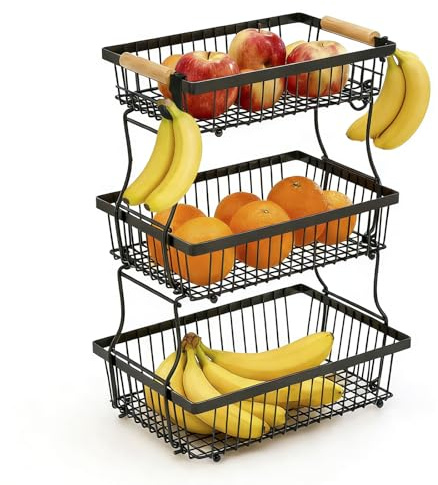 Lirynox 3 Tier Fruit Bowl Basket with 2 Banana Hanger, Countertop Vegetable Organizer for Kitchen, Detachable Metal Vegetable Storage Rack with Banana Holder for Fruits Vegetables Snacks