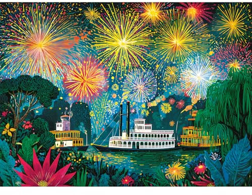 300 Piece Puzzle for Adults, Fireworks Celebration Jigsaw Puzzles, Blossoming Florals and Boats 300 Piece Adult Puzzle with Letters on Back Premium Cardboard Puzzle, Gift for Family, 20.5×15 in