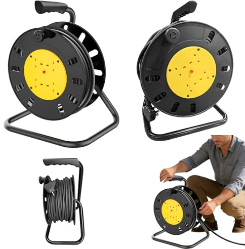 50M Extra Long Outdoor Extension Lead Reel, 4 Socket Garden Extension Cable with Winding Handle, Wind-Up Retractable Power Cord Reel, Thermal Cut Out, Heavy Duty Outside Plug Socket for Workshop, DIY