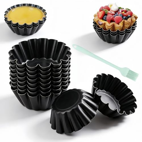 12 Stück Mini Tartelette Förmchen Set, 6.3 cm/2.5 in Ei Torte Form aus Kohlenstoffstahl Tarteformen mit Bürste, Wiederverwendbare Eier Kuchenform, Antihafte Metall Klein für Torteletts Muffin, Pudding