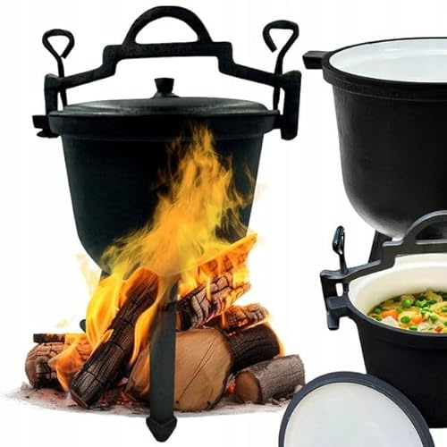 KlönBerg KB9904 - Pentola da caccia in ghisa, 8 l, interno smaltato bianco, ideale per falò e cucina da campo, campeggio, gite in campeggio, barbecue