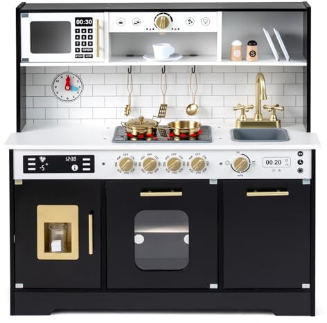 COSTWAY Kids Play Kitchen, Wooden Pretend Toy Kitchen with Realistic Lights & Sounds, Stoves, Sink, Faucet, Oven, Ice Machine, Microwave, Coffee Maker, Dish Washer, Children Chef Role Playset (Black)