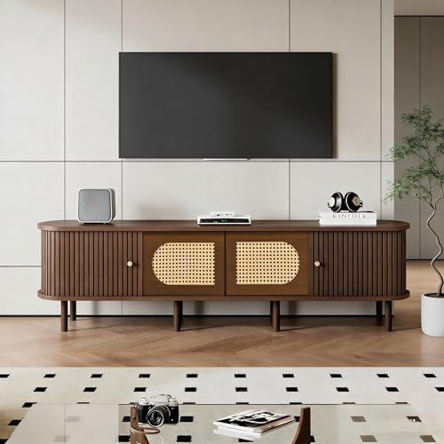 Merax 180cm Oval TV Stand Unit, Dark Walnut Rattan TV Cabinet for up to 80 Inch TV, Lowboard Media Console with Sliding Doors, 2 Cabinet Doors & 8-Leg Stable MDF Storage TV Stand for Living Room