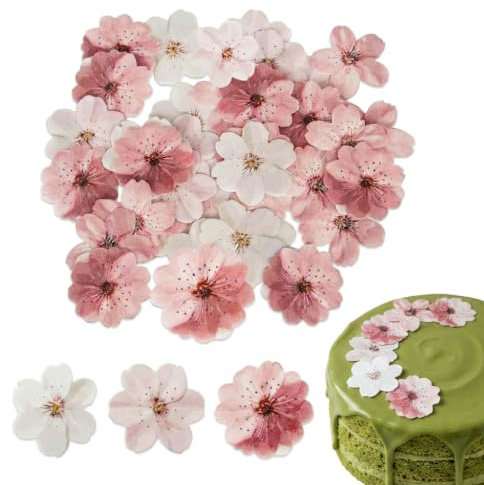 50 Décorations de Gâteau Fleur de Cerisier Comestibles, 4 Styles, en Azyme | Fleurs Comestibles en Azyme pour Gâteaux, Cupcakes Et Biscuits, Idéales pour Mariages, Anniversaires Et Baby Showers