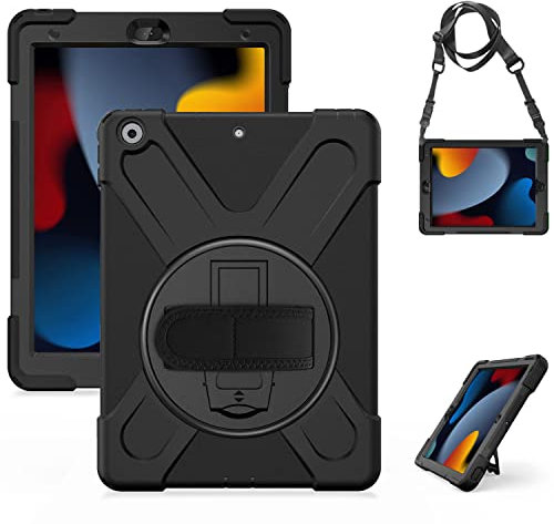 Gerutek Hülle für iPad 9./8./7. Generation 10.2 Zoll, Stoßfeste Robust Schutzhülle mit 360° Drehbar Stände Stifthalter Handschlaufe Schultergurt, Panzerhülle für iPad 10.2 2021/2020/2019, Schwarz