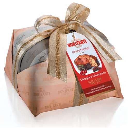 panettone con ciliegie candite e pezzi cioccolato senza canditi e uvetta confezione regalo Natale 1 kg Bonifanti