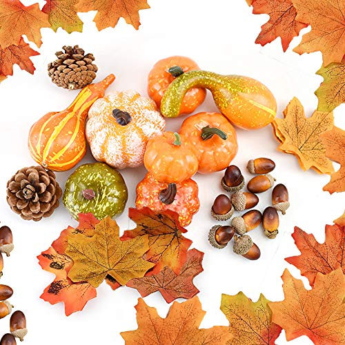 DOJoykey 70pcs Thanksgiving Decoration Set, Artificial Maple Leaves, Harvest Pumpkin, Small Acorns, Pine Cones and Gourds for Autumn, Fall and Halloween Home Party Decoration