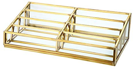 Hipiwe Glass Business Card Holder Stand 8 Slot Name Cards Display Storage Holder Gold Metal Business Cards Organizer for Office Desktop Countertop