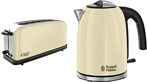 Russell Hobbs Colours Plus Hervidor de Agua Eléctrico (2400 W, 1,7 litros, Acero Inoxidable, Crema) ref. 20415-70 + Colours Plus 21395-56 – Tostadora, Ranura Larga y Ancha
