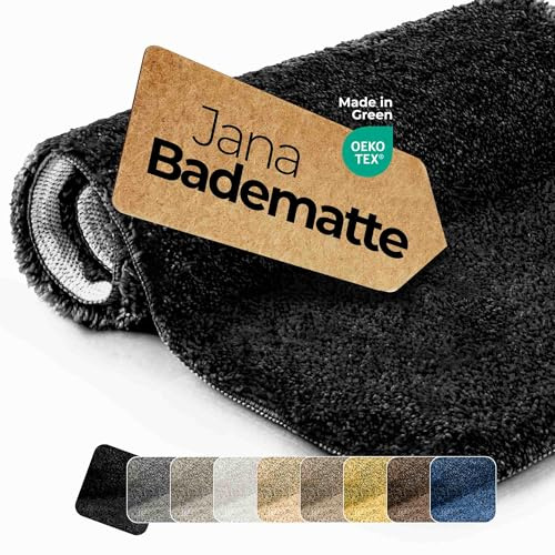 Badematte rutschfest Schwarz 60x50 cm - etérea Badteppich Hochflor Shaggy, 2200 g/m² extra flauschig & saugstark, waschbar 30°C, für Fußbodenheizung, Standard 100 by Oeko-TEX