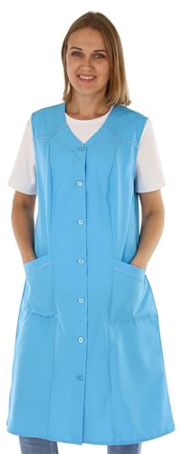 Blouse pour femme sans manches, Tablier de cuisine, Tablier boutonné uni, Robe de maison, Turquoise., 50