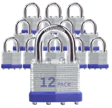 XanHen Keyed Alike Laminated Steel Padlocks, Standard Shackle, for Hasp, Shed, Fence, Storage Locker, School, Gym (12 Pack)