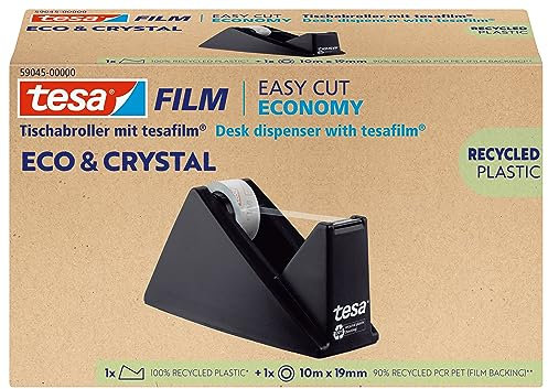 tesa film eco & crystal Cinta Adhesiva Transparente de Plástico PET reutilizado, Resistente al Rasgado, con una Fuerte Capacidad de Adhesión, Set con Dispensador de Mesa, 1 Rollo de 10 m x 19 mm