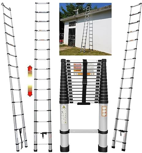 4.4 M / 14.4 FT Aluminium Teleskopleiter Klappleiter mit Höhenverstellbarer für Wohnmobil, Dachboden, Heim und Außenarbeiten, 150 kg/330 Pfund Belastbarkeit