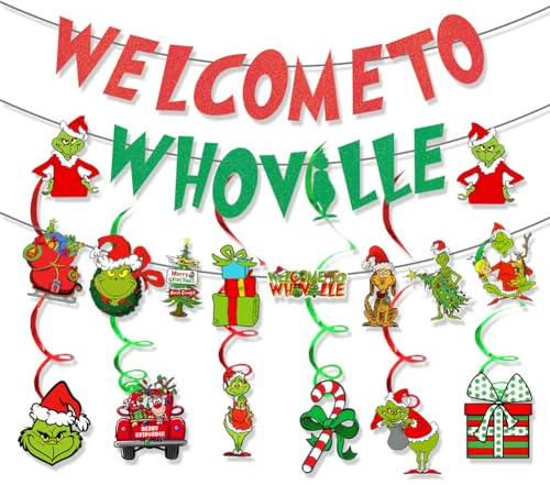 ZKTSRY Grinchs Weihnachtsdekorationsset, rot grün Grinchs Whoville Weihnachtsdekorationen, hängende Wirbel, Party-Dekorationen, Weihnachten, Urlaub, Urlaub, Geburtstag, Party-Dekorationen