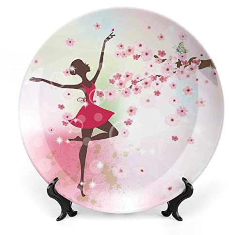 8 Inch Decorative Plate,Kids Room Ceramic Plate, Ballet Butterfly Fairy Ballerina Princess Dancer Print Ornament Display Plate for Dining Table Setting, Wedding Reception Decor, Christmas Tablescape