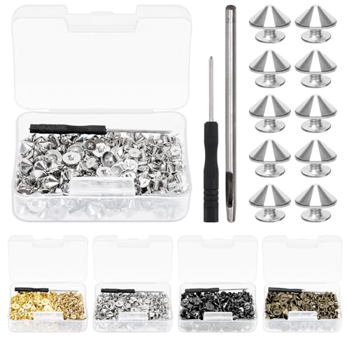 Glarks Kit med 100 set med silverkondubbar och dubbar, 4,7 mm kulspikar, skruvbaksida, punkdubbar och spikar med installationsverktyg, läder, hantverk, nitskruvar för kläder, skor, tillbehör
