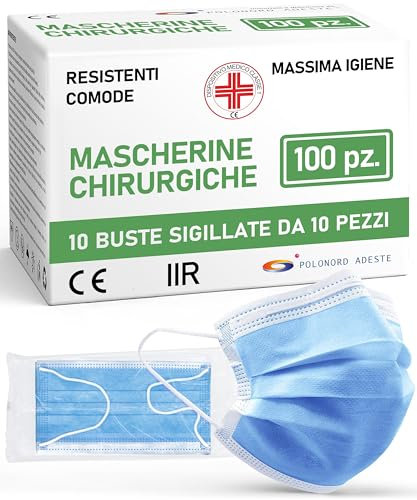 ADESTE – Mascherine Chirurgiche, Potere Filtrante 98%, Mascherina Chirurgica Filtrante Monouso di Tipo IIR a 3 Strati, Dispositivo Medico di Classe I, Confezione da 100