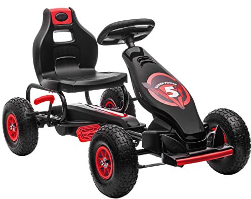 HOMCOM Gokart, Kinderfahrzeug mit 3-stufigen verstellbarem Sitz, Tretfahrzeug mit Gummireifen, Pedal und Handbremse, Kettcar für 5-12 Jahre Kinder bis 50 kg, Outdoor, Rot